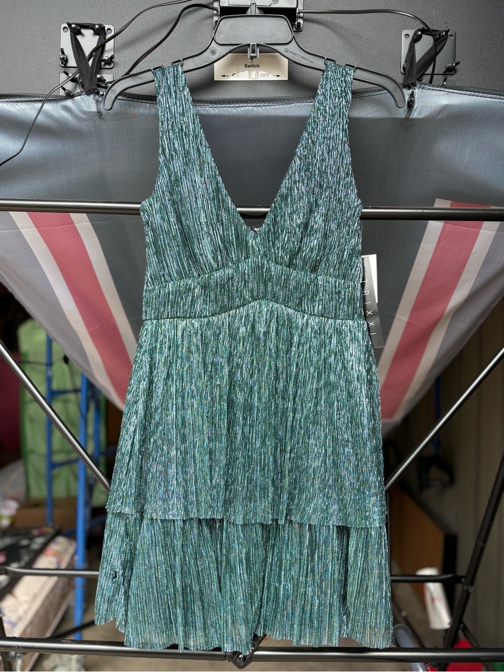 Trixxi Sleeveless V-Neck Shimmery Teal Pleated Mini Dress